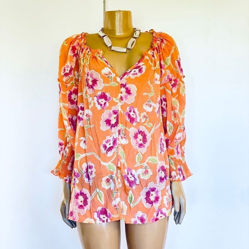 NWT Gorgeous Mlle Gabrielle 1X Orange Floral print Gauzy Button Down Tunic Top
